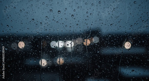 Rainy night city lights through window pane. photo