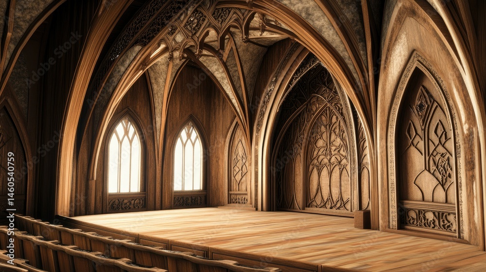 Fototapeta premium Gothic Wooden Hall: Intricate Carvings and Architectural Grandeur