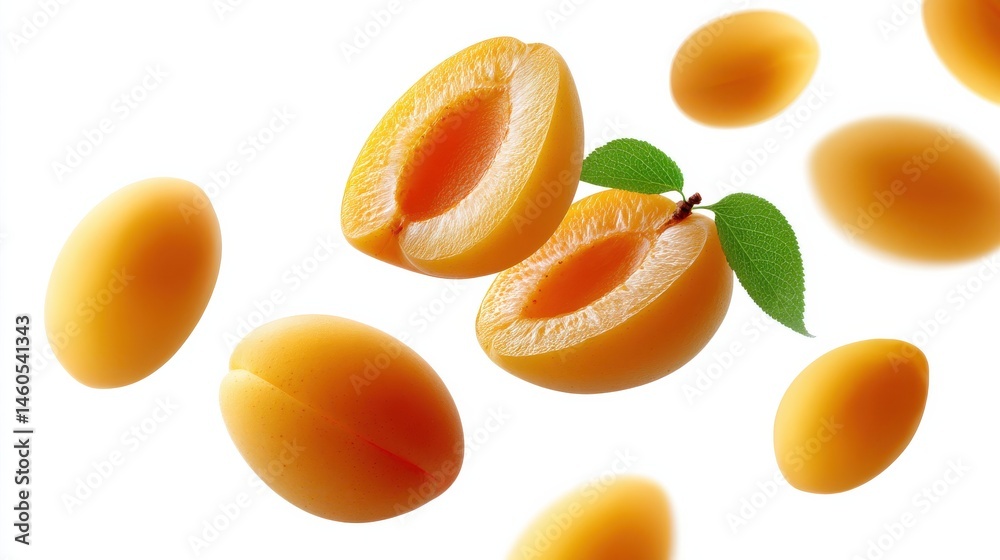 A collection of fresh ripe apricot halves arranged in a visually appealing pattern against a clean white background captured in photography A collection of fresh ripe apricot halves arranged in a visually appealing pattern against a clean white background captured in photography