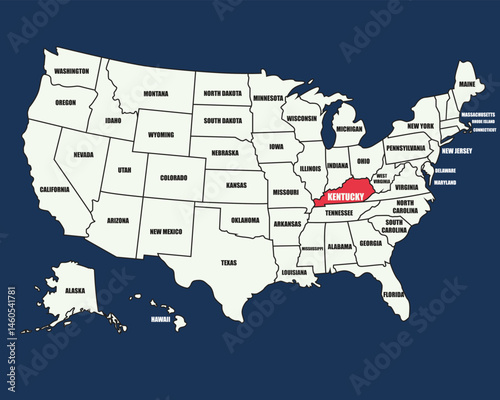Educational US map with labeled states, highlighting Kentucky in a colorful and informative design.