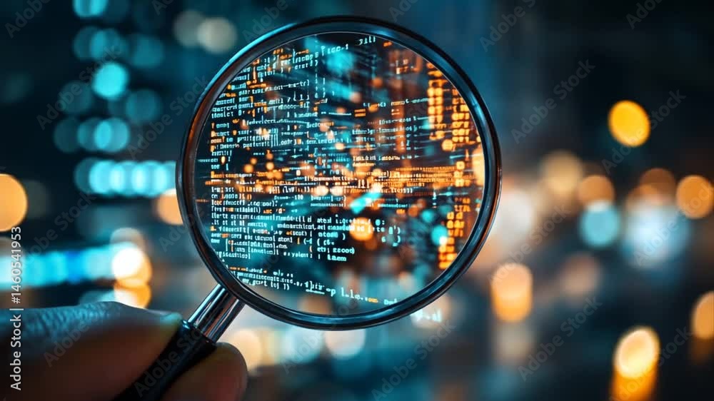 Deep dive into complex code a magnifying glass focusing on data analysis and cybersecurity insights