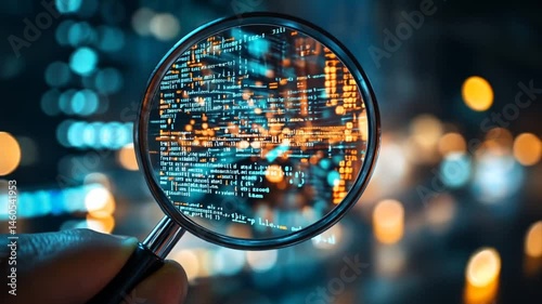 Deep dive into complex code a magnifying glass focusing on data analysis and cybersecurity insights