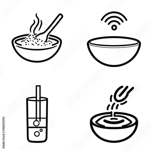 Isolated food and drink icons set with a soup bowl, WiFi bowl, glass, bowl of water