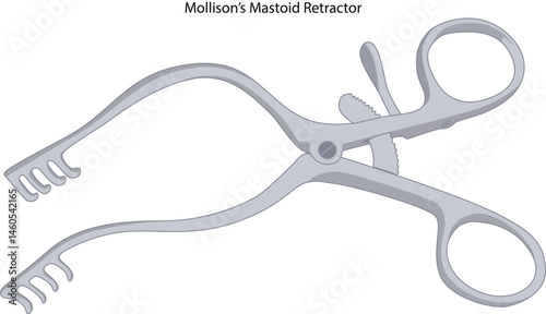 Mollison’s Mastoid Retractor is a self-retaining surgical instrument with finger rings and pronged blades, used in ENT surgeries to retract soft tissues and provide clear access to the mastoid area.