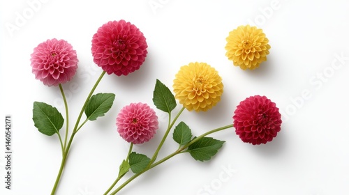 A colorful and detailed arrangement of lush blooming dahlia flowers in a harmonious floral pattern