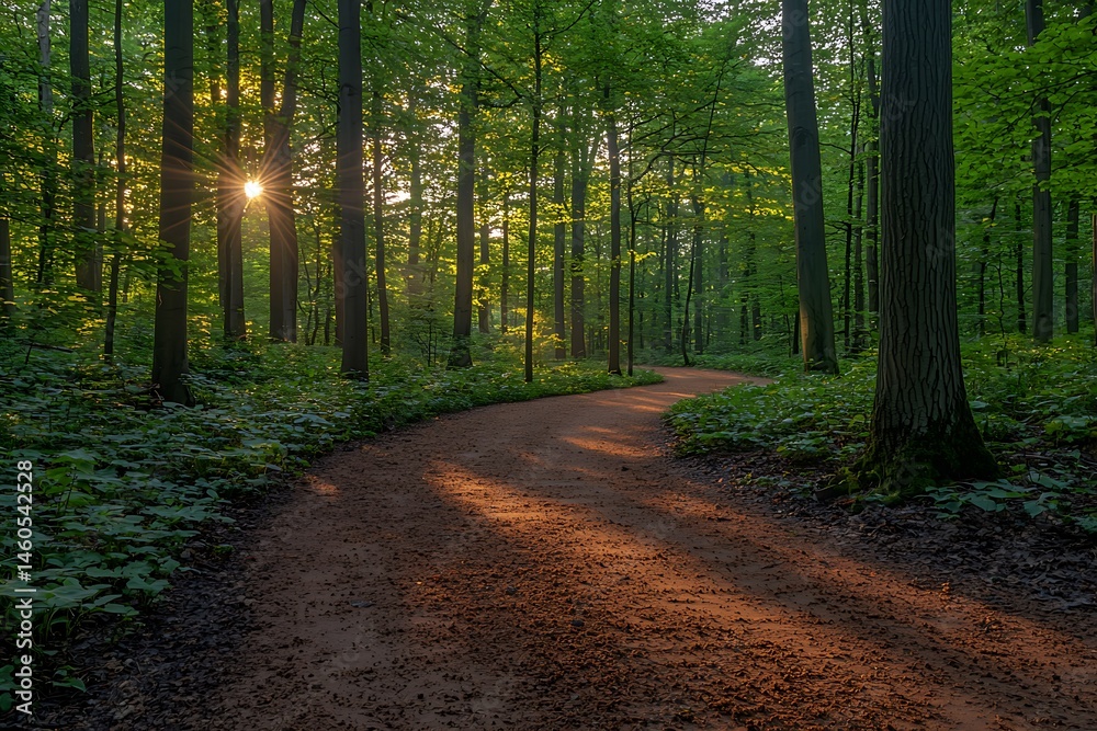 Obraz premium Sunlit path curves through lush forest