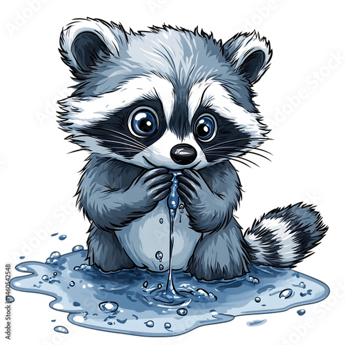 Cartoon Raccoon Washing Itself in a Stream Isolated on Transparent Background