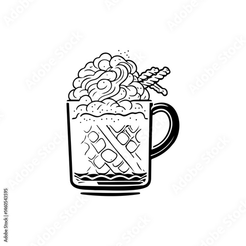 Stylized drink with waffle pattern and abundant whipped topping illustration