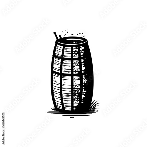 Monochrome illustration of a container vessel with rustic wooden plank design