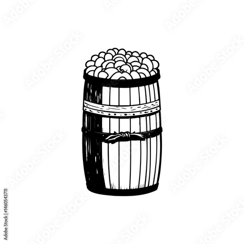 Artisanal sketch of a vintage wooden barrel overflowing with freshly picked fruit