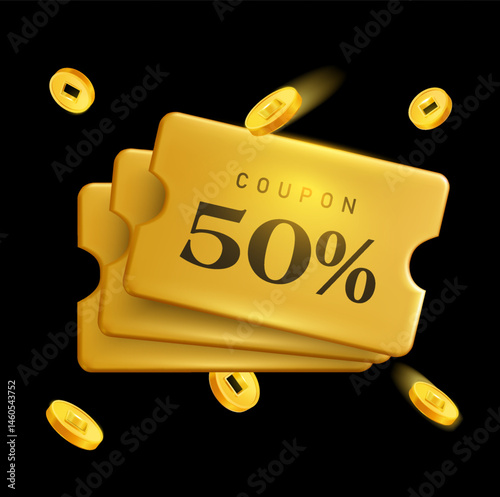 3d stack of flying golden coupons with golden coins around, isolated on black background. Gift voucher stack for Black Friday, premium sale off event in 3d vector. Vector illustration