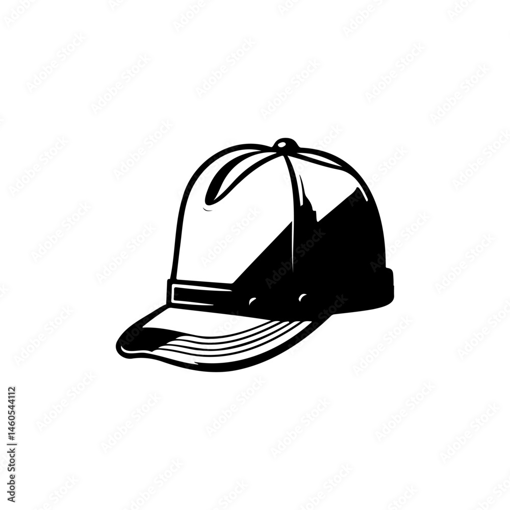Fototapeta premium Stylized monochromatic baseball cap illustration featuring dynamic diagonal shading