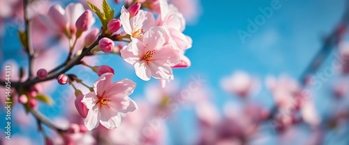 Delicate almond blossoms, soft pink petals against a blurred azure sky , spring photography, fresh
