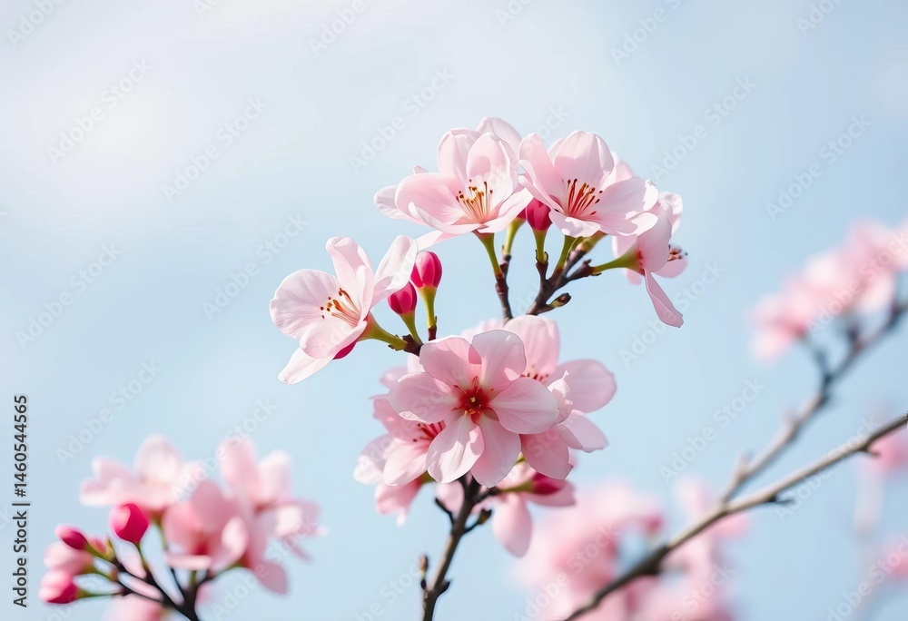 Obraz premium Delicate pink peach blossoms against a soft blue sky, ample copy space, springtime, sunrise