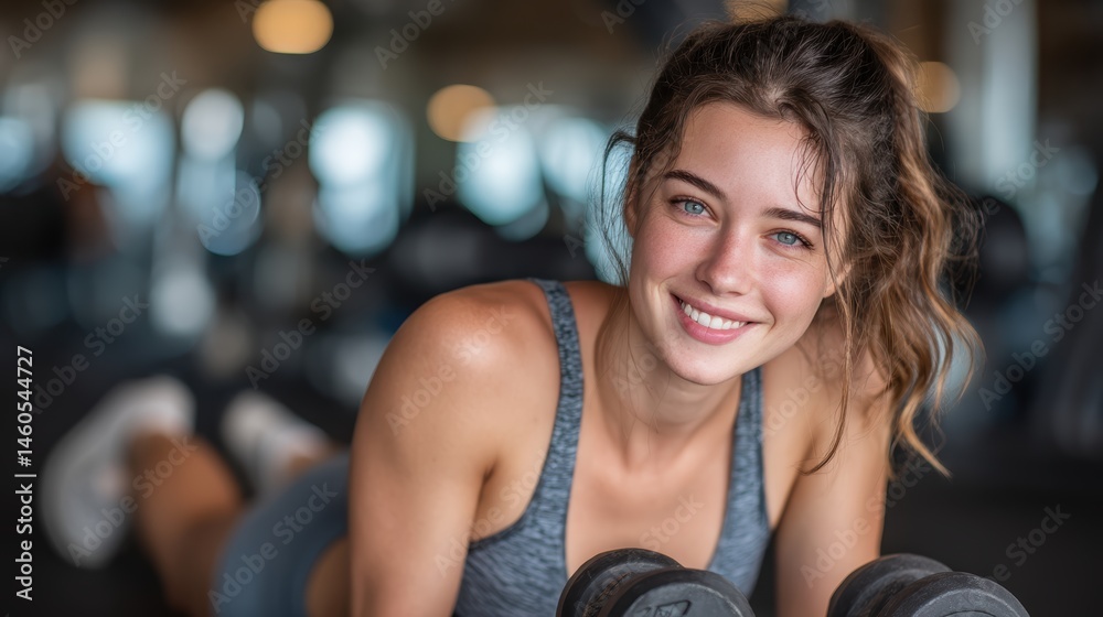 Fototapeta premium smiling fitness woman laying down on mat and doing dumbbell exercises in the gym. active healthy lifestyle