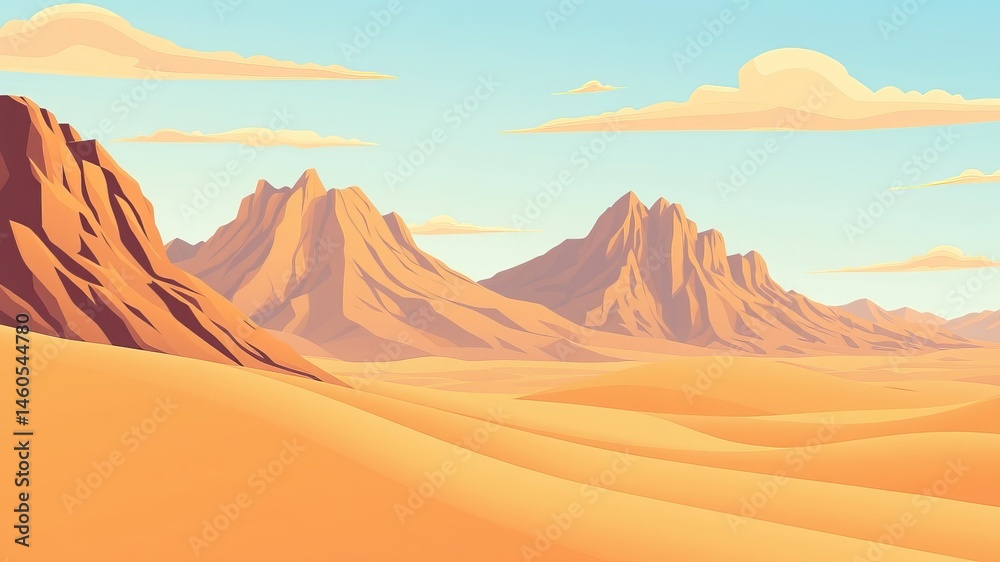 Naklejka premium A scenic desert landscape features majestic mountains under a bright sunny sky with soft clouds creating a tranquil and serene atmosphere.