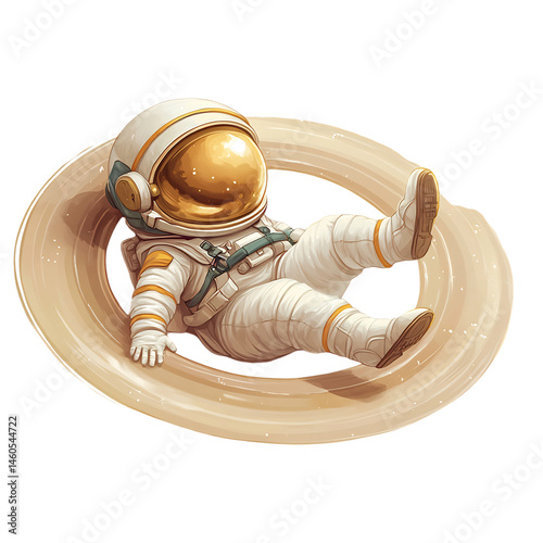 Cartoon Astronaut Floating Near Saturn's Rings in a Tube Isolated on Transparent Background