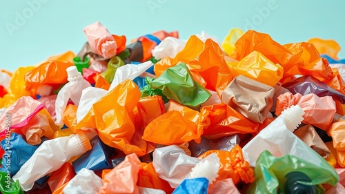 A vibrant pile of colorful candy wrappers creates a visually appealing texture and background image perfect for design projects.
