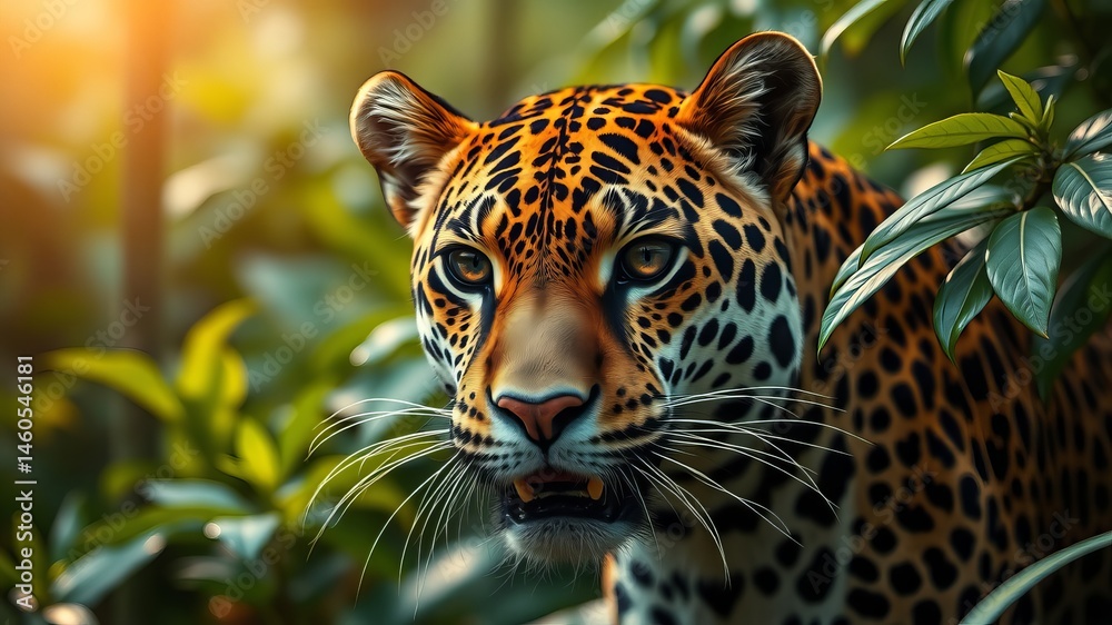 Fototapeta premium A majestic peers intently from the lush green foliage of a tropical rainforest, its fur beautifully patterned.