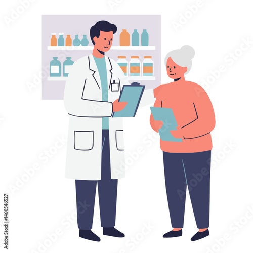 Pharmacist helping elderly woman - caring pharmacy professional explaining medication to senior lady at counter, showing professional attention and human warmth.