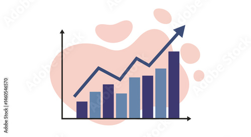 Increasing bar chart with upward arrow showing growth and progress in business and finance vector illustration 