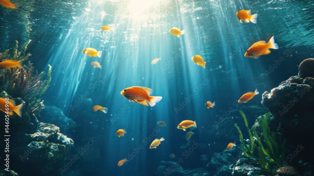 Fototapeta premium Underwater scene with sunlight beams and schools of orange fish.