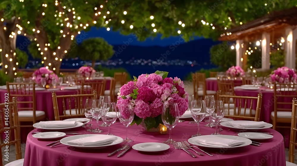 Fototapeta premium Romantic Outdoor Dinner Party with Lakeside Venue.