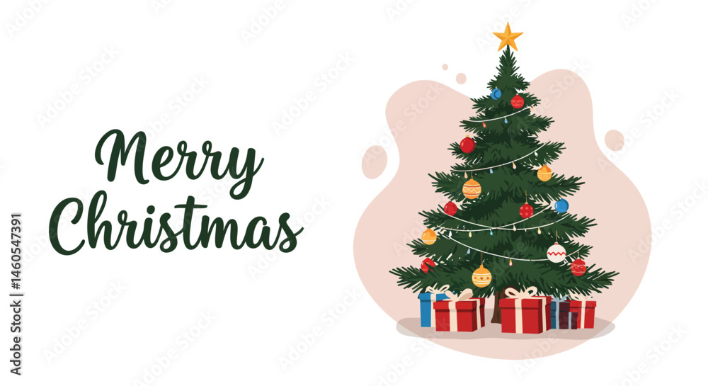 Christmas tree with decorations and presents festive greeting card design for holiday celebrations and merry christmas wishes Christmas tree with decorations and presents festive greeting card design for holiday celebrations and merry christmas wishes