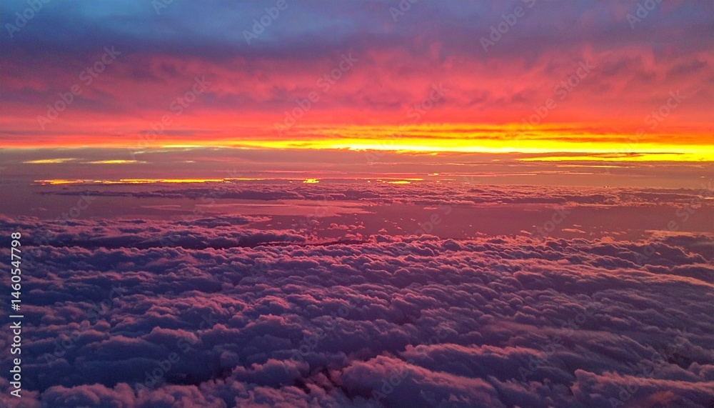 A red sunset over the endless sea of clouds outside the airplane window A red sunset over the endless sea of clouds outside the airplane window
