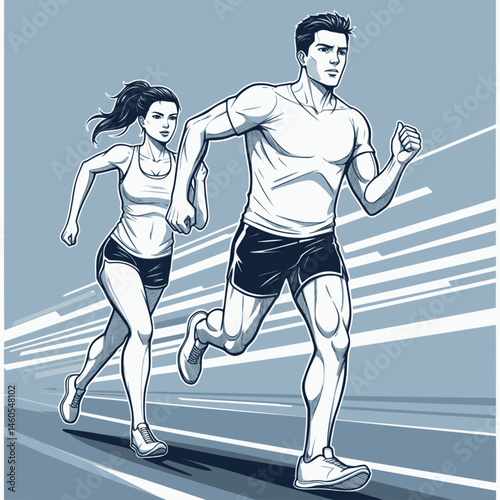 Running man and woman, isolated vector silhouettes. Run, side view. Silhouettes of athletic looking male and female runners running. Multilayer SVG file without gaps between paths.