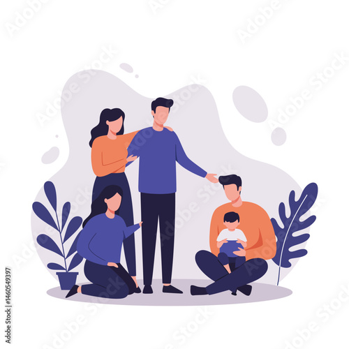 Family with two parents and two children spending time together in casual clothes vector illustration 