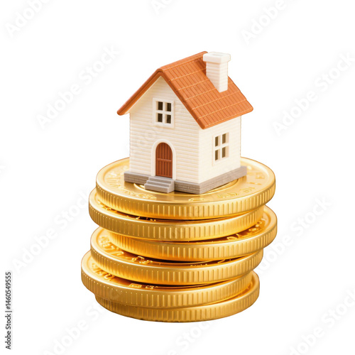 A small 3D model of a residential structure with a roof, built from gold coins, illustrates the concept of real estate finance