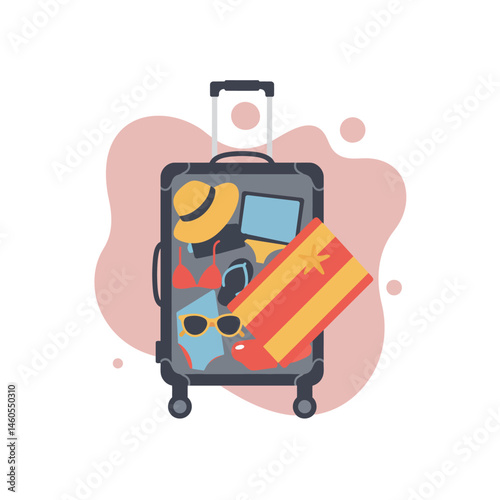 Open suitcase with summer travel essentials including hat sunglasses and beach towel vector illustration 
