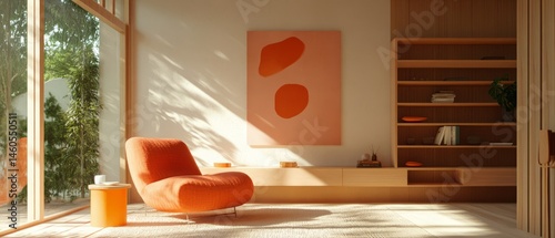A Sun-Drenched Minimalist Living Room Features A Comfy Orange Chair, Wooden Shelving, And Abstract Art, Creating A Serene And Stylish Atmosphere.