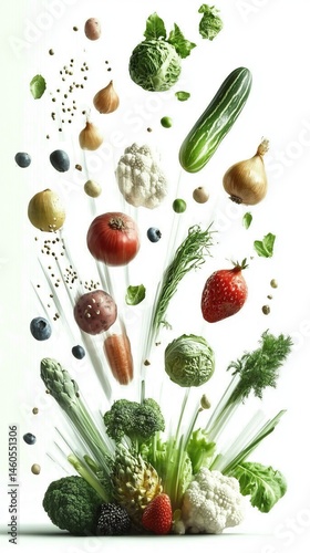 2.5D Clay Style Rendering of Vegetables and Fruits Thrown in Sequence with Front Lighting on White Background