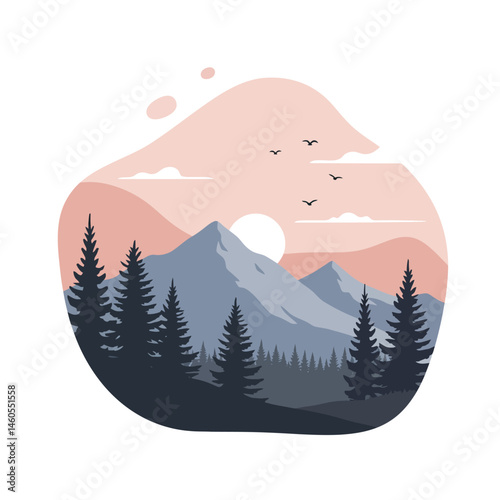 Mountain landscape with pine trees and birds in pink sky natural scenery vector illustration 