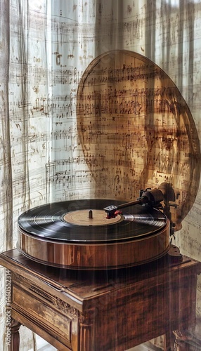 Vintage Record Player with Vinyl and Sheet Music, Retro Style with Musical Notes Floating in Warm Sepia Tones