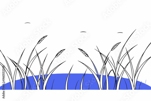 Flat illustration of grass field in blue and gray tones with copy space