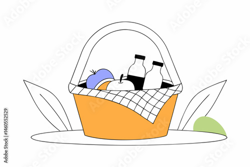 Picnic basket illustration in flat style with food and drinks