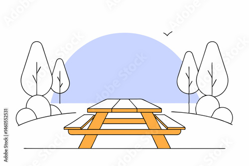 Wooden picnic table in a park setting, minimalist flat style