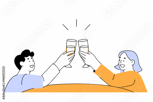 Two people clinking glasses in celebration, minimal flat style