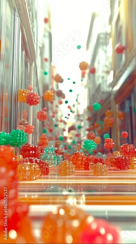 Cinematic Animation of a Bouncy City with Translucent Gum Buildings and Elastic Streets Under a Shimmering Sun