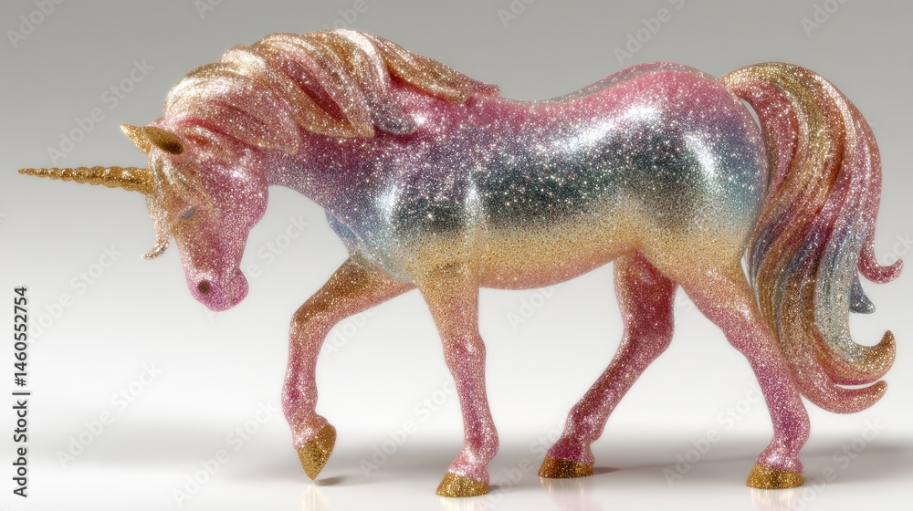 Fototapeta premium Sparkling Unicorn Figurine with Glittery Rainbow Colors and Golden Horn Perfect for Fantasy an