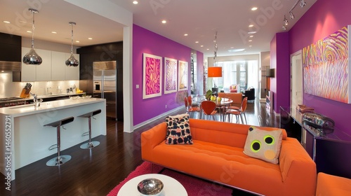Open-concept living area with vibrant purple and orange hues. photo