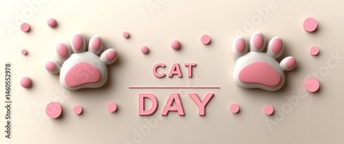 Minimalistic Vector Illustration of White Cat Paw Print with Pink Circles and 