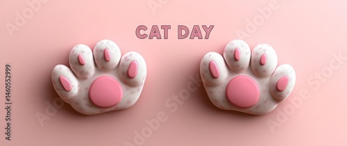 Minimalistic Vector Illustration of White Cat Paw Print with Pink Circles and 