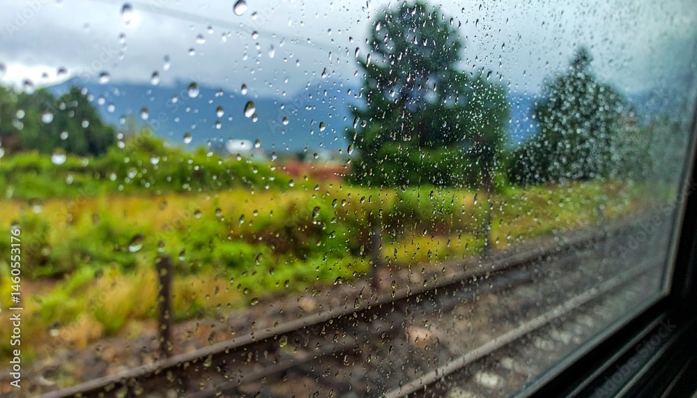 Fototapeta premium Train window covered in raindrops