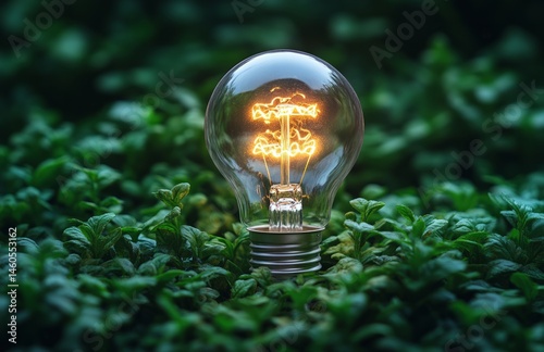 Wide Angle Photograph of White Energy Style with a Light Bulb on Green Grass Background, Bright Light Behind