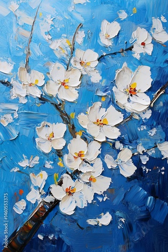 Abstract Oil Painting of White Cherry Blossom Flowers with Blue Background and Heavy Brush Strokes