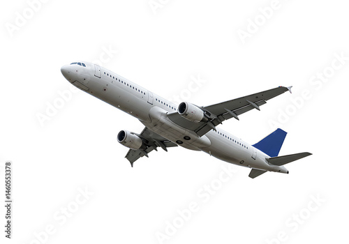 A white airplane with blue tail flying in the sky against a plain white background on a sunny day